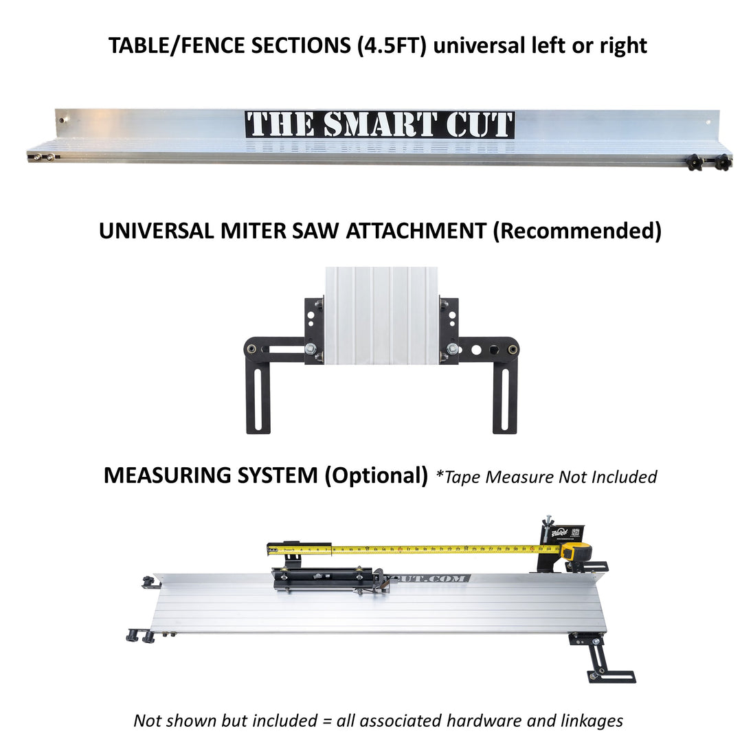 Components of The Smart Cut system including a 4.5ft universal table/fence section, universal miter saw attachment, and optional measuring system with mounting hardware