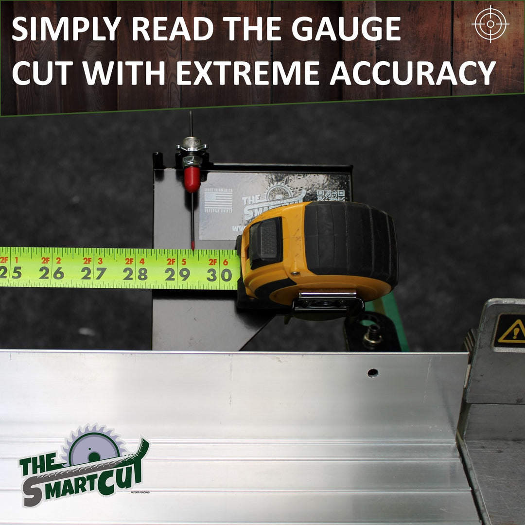 A close‑up of The Smart Cut measuring attachment clamped to an aluminum fence, showing a tape measure inserted into its gauge with the red pointer aligned at 30 inches