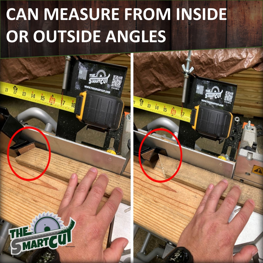 Side‑by‑side photos of The Smart Cut measuring attachment clamped to a miter saw fence measuring an inside angle (left) and an outside angle (right) on a wooden board, with a user’s hand holding the board steady
