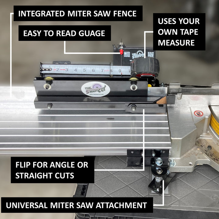 Close‑up of The Smart Cut universal miter saw attachment mounted to a miter saw table, showing its integrated fence, easy‑to‑read measurement gauge (using your own tape measure), and flip‑over feature for straight or angle cuts.