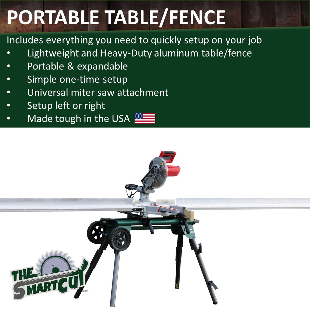 The Smart Cut portable aluminum table/fence attached to a miter saw mounted on a collapsible saw stand, showing its lightweight, expandable design and left‑or‑right setup in a workshop setting