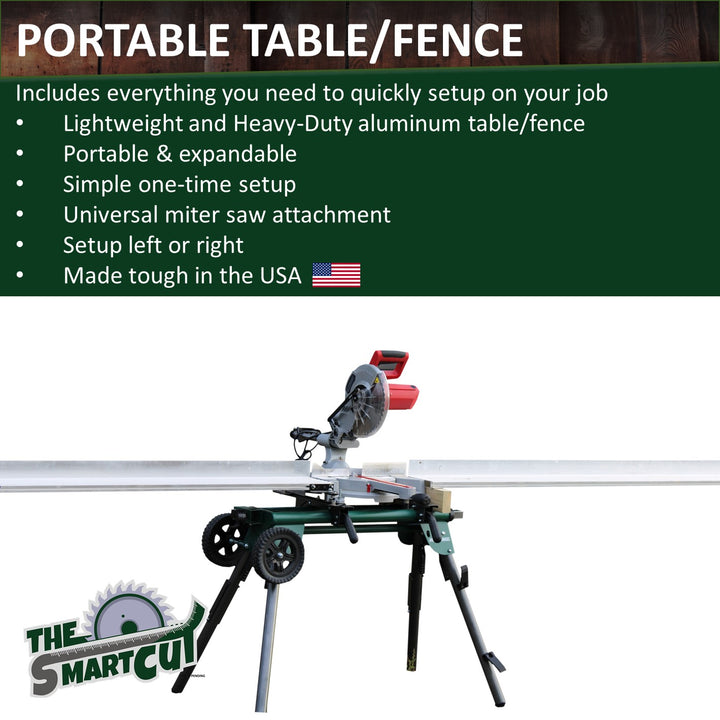 The Smart Cut portable aluminum table/fence attached to a miter saw mounted on a collapsible saw stand, showing its lightweight, expandable design and left‑or‑right setup in a workshop setting