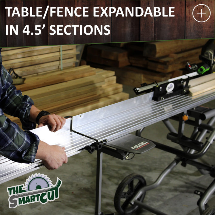 Two 4.5‑foot Smart Cut aluminum fence sections joined end‑to‑end on a portable miter saw stand, showing the quick‑connect coupling that allows the table length to expand