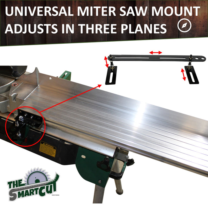 The Smart Cut universal miter saw mount attached to an aluminum table fence, showing its black slotted bracket assembly with adjustable arms for three‑plane positioning